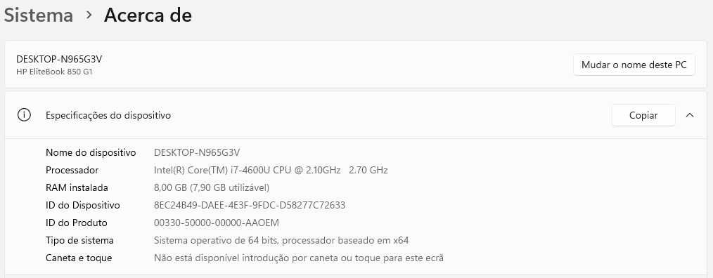 HP Elitebook 850 G1 - Core i7  (Ecrã 15,6")