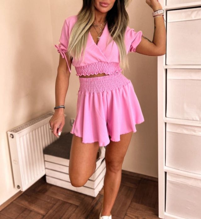 Letni komplet muślinowy Mini ASHLEY | róż | krótka koszula+szerokie sp