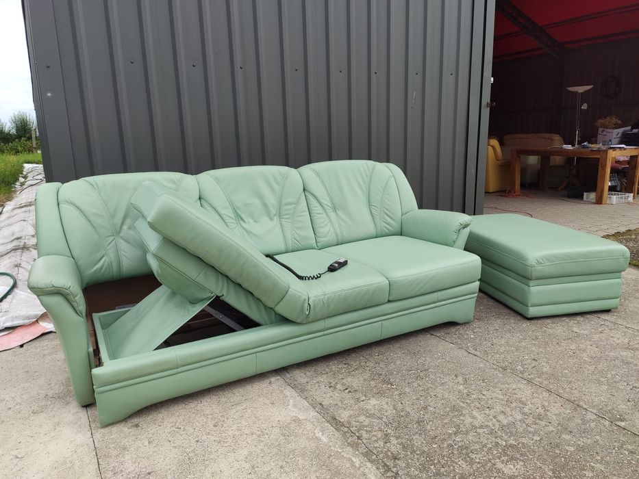 Sofa skórzana 3-osobowa ze sterowanym siedziskiem+duża pufa- skóra!