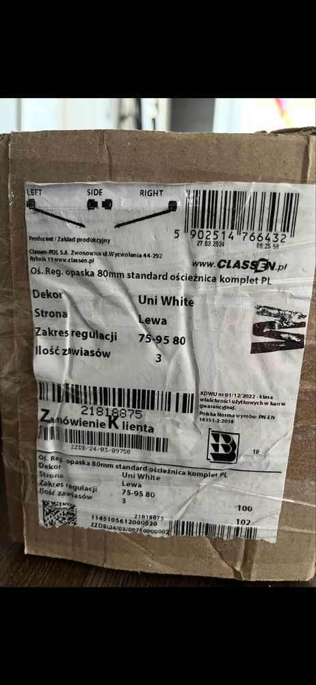 Ościeżnica biała classen white uni lewa regulowana opaska 80mm