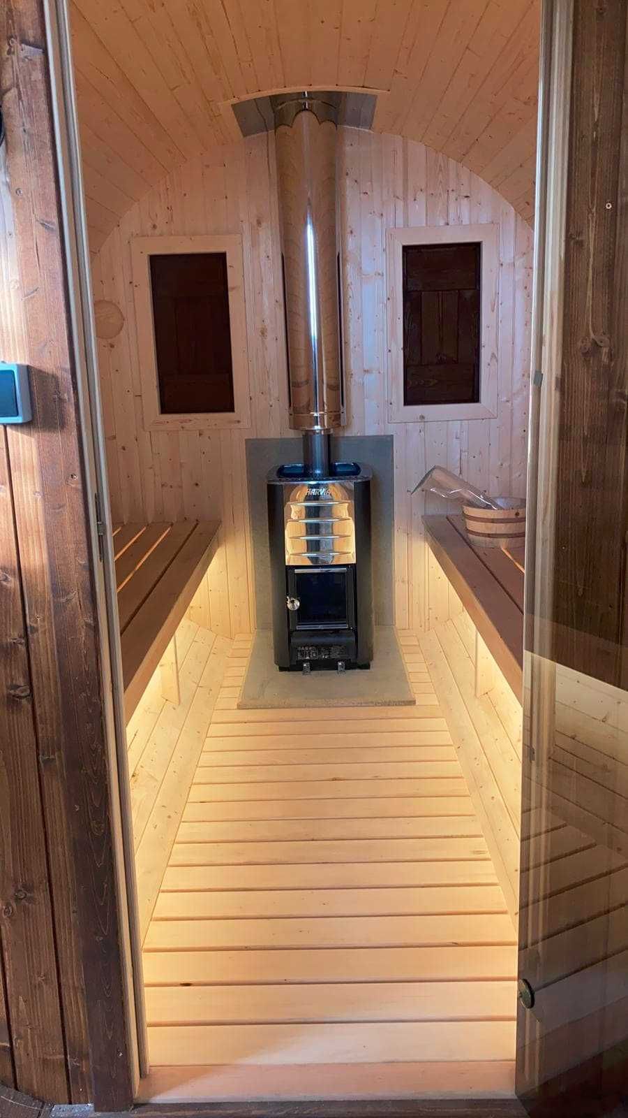 Sauna beczka, 300-400cm, przedsionek, przeszklenia, taras, led!