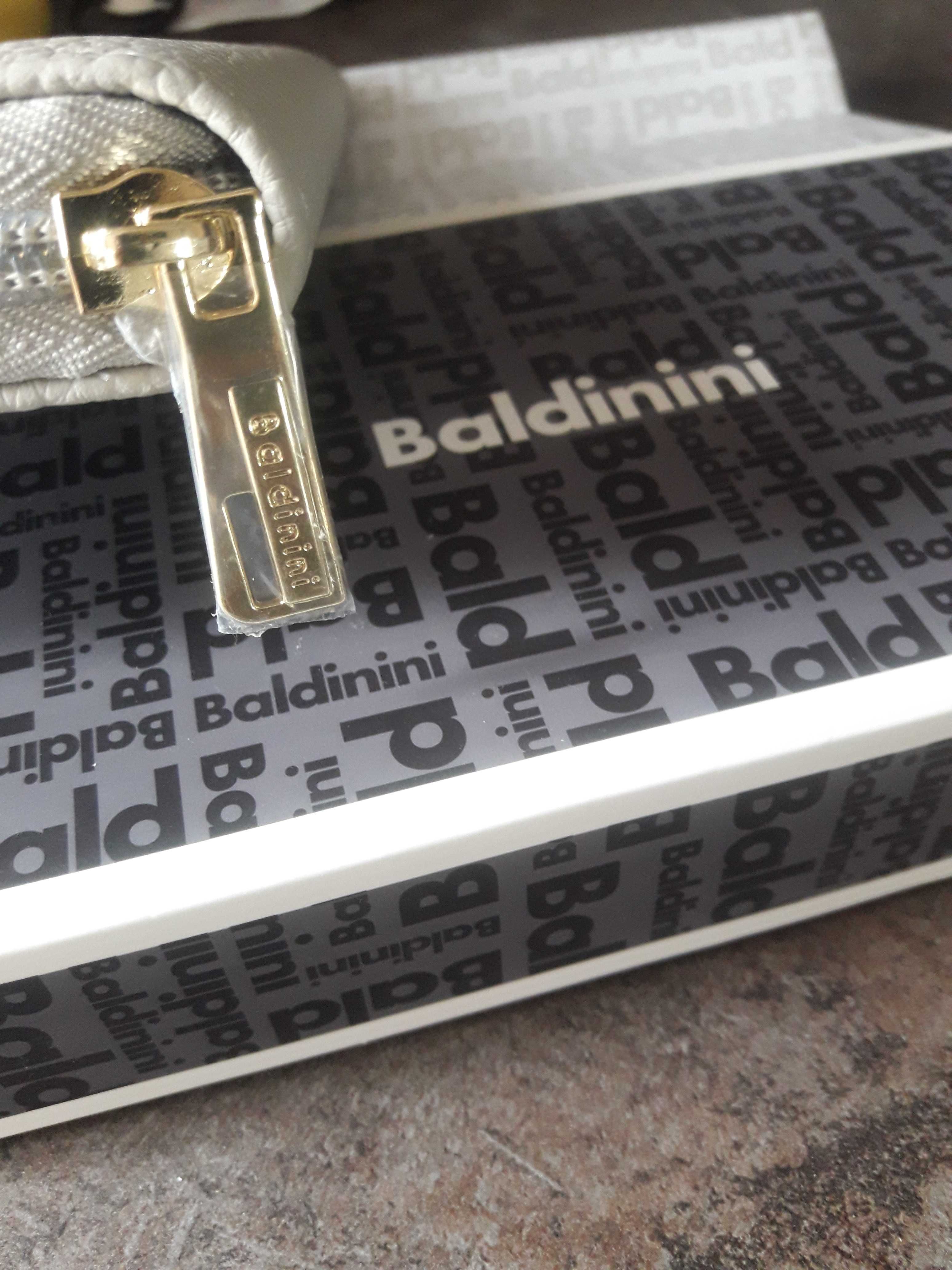 Nowy damski elegancki skórzany portfel Baldinini szary certyfikat