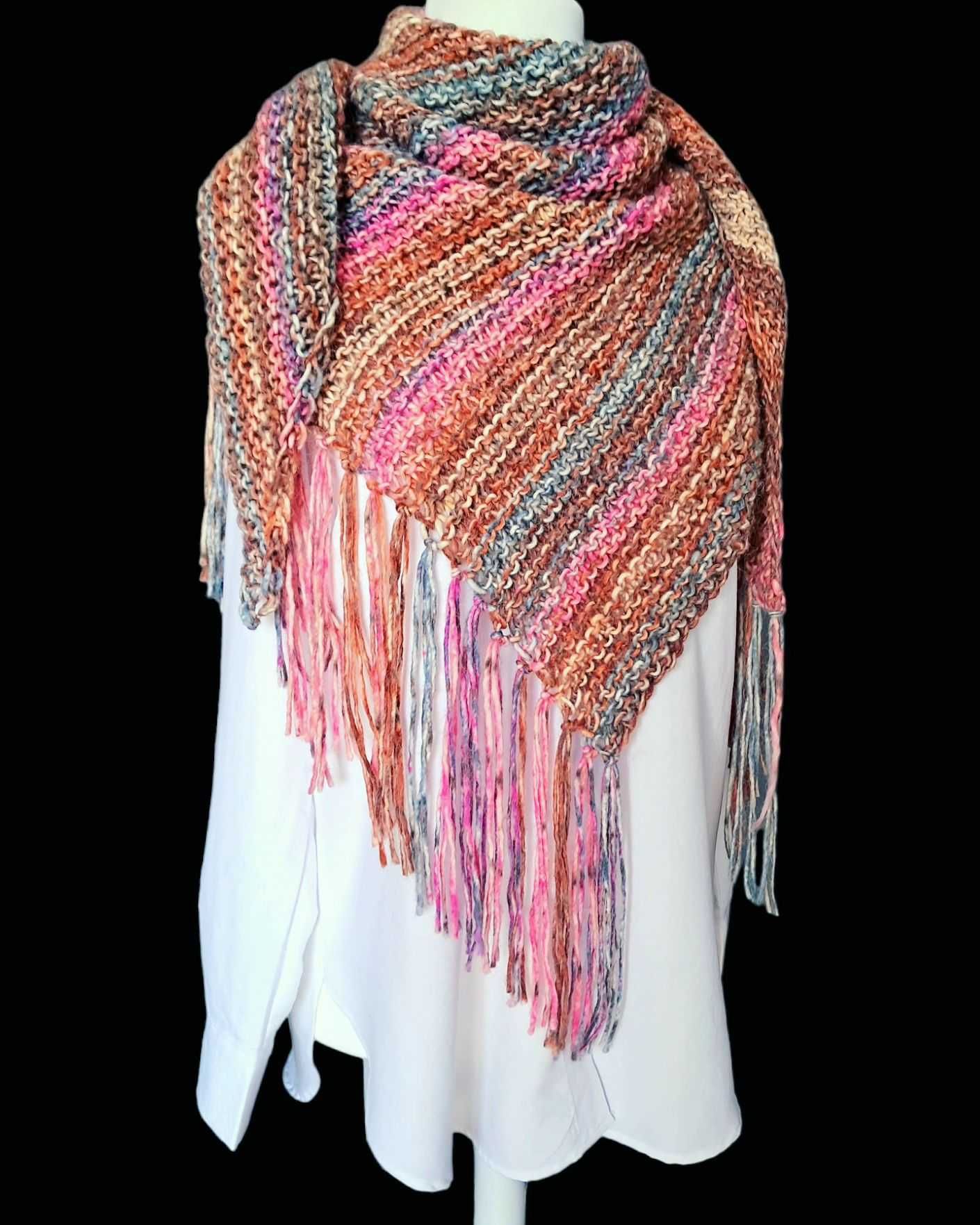 Piękna, Wełniana, Ciepła Duża CHUSTA Boho, Szal XXL Z FRĘDZLAMI