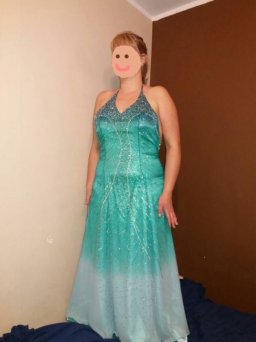 Sukienka Cicci USA turkusowa jedwabna suknia balowa wesele karnawał