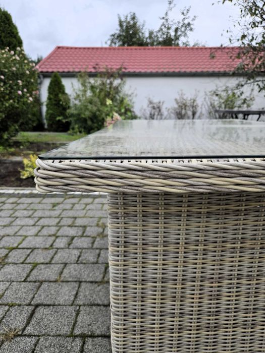 Stół technorattanowy jak nowy szklany blat beż prostokątny rattan