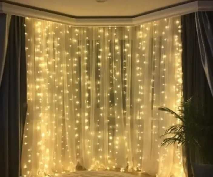 Гірлянда штора роса 3х3 з гачками теплий білий 300 led USB юсб живленя