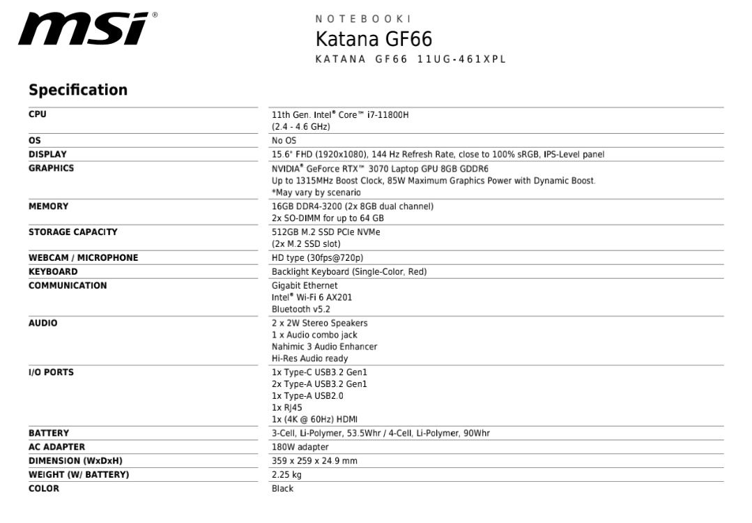 Laptop gaymingowy MSI Katana GF66
Specification
CPU
11th