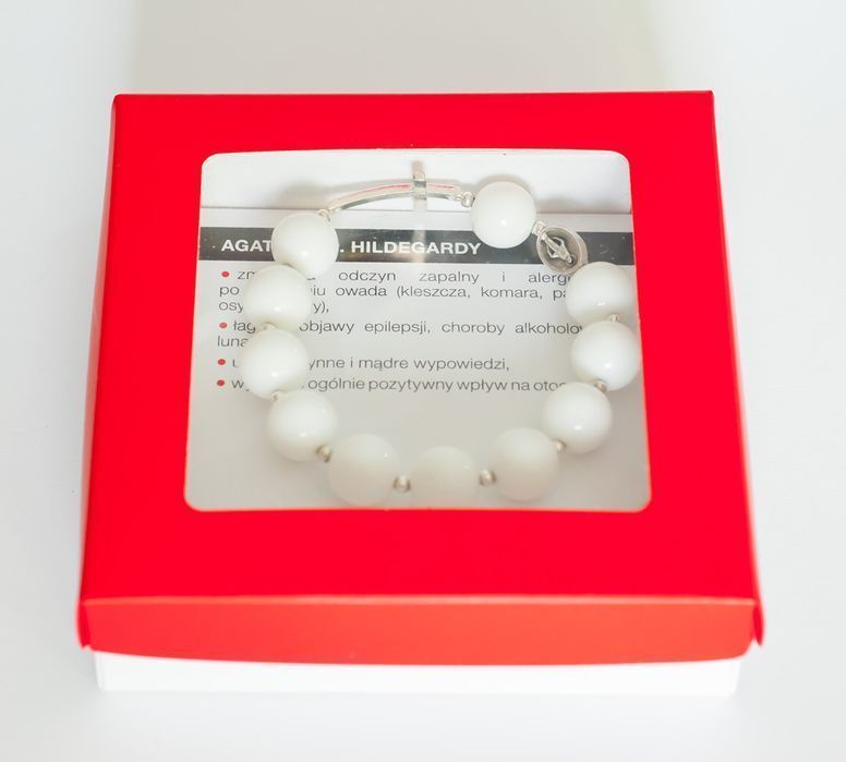 Bransoletka komunijna dziesiątka różańcowa Agat Biały Faset JP i MB