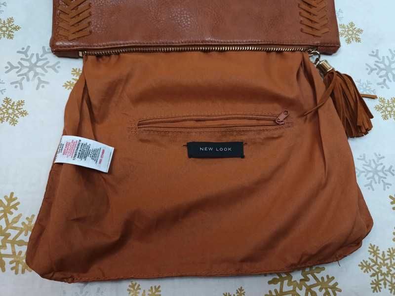 Torebka damska New Look, brązowa na łańcuszku, kopertowa, crossbody