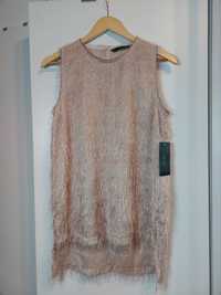 Beżowa bluzka Zara 36/S bluzka z frędzlami top frędzelki różowa bluzka