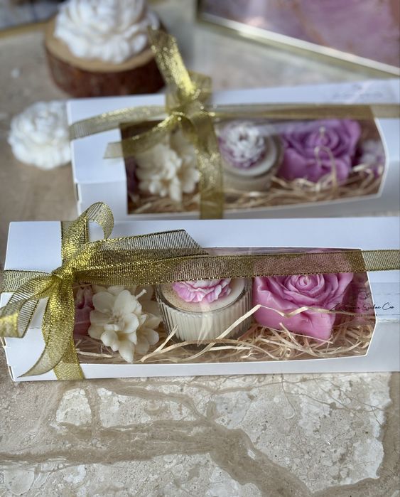 Zestaw zapachowych świec sojowych + szklany tealight prezent box róż