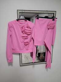 Komplet zestaw bluza spódnica bluzka kwiaty 3 D różowy  wrzosowy