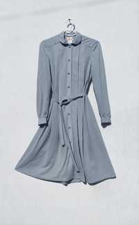 Винтажное светло голубое серое платье рубашка с поясом M L