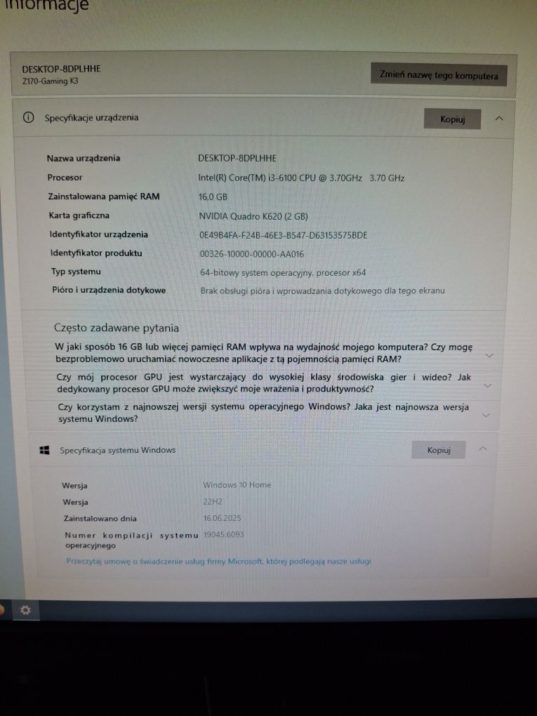 Komputer, m.2 512gb, ram DDR4 16gb, windows 10