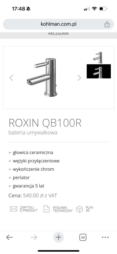 Bateria kohlman umywalkowa roxin qb100R sztorcowa