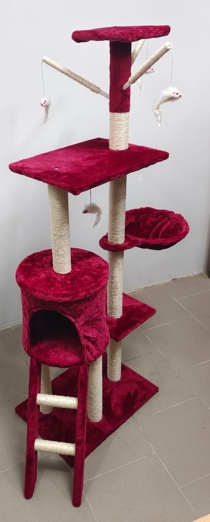NOWY drapak dla kota, 5 poziomów 140 cm, kolor czerwony magenta