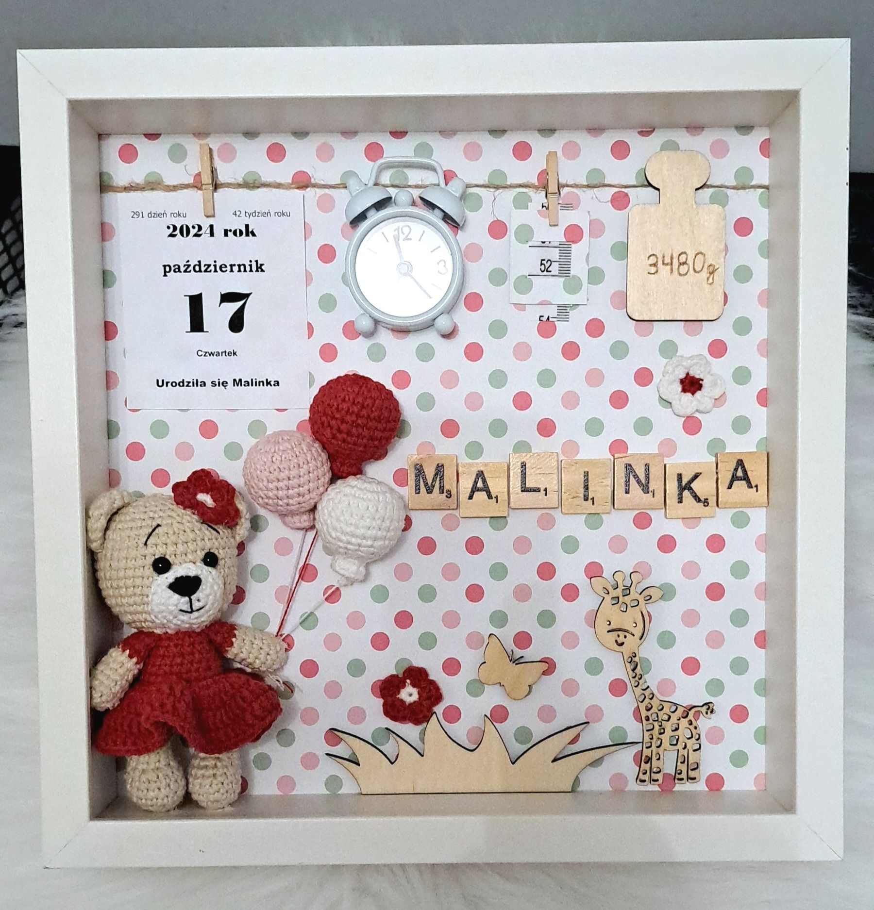 Metryczka, ramka urodzinowa, narodziny prezent handmade