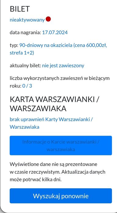 Warszawa Bilet 90-dniowy na okaziciela, 1+2 strefa (wartość 600zl)