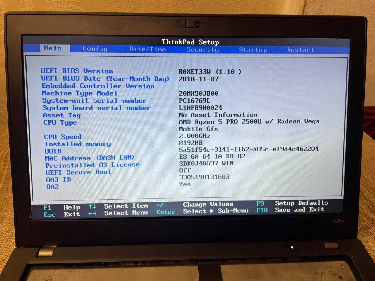 Ноутбук Lenovo ThinkPad Ryzen 5 Pro 2500U | 8GB | FHD | без клавіатури