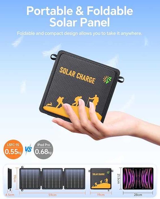 WASTDE Panel Solarny, 15W Przenośna Ładowarka Słoneczna USB-C/USB