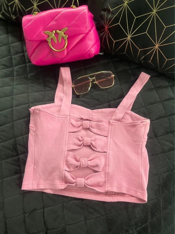 Bluzka z kokardami na plecach River Island, crop top, wiskoza, elastan