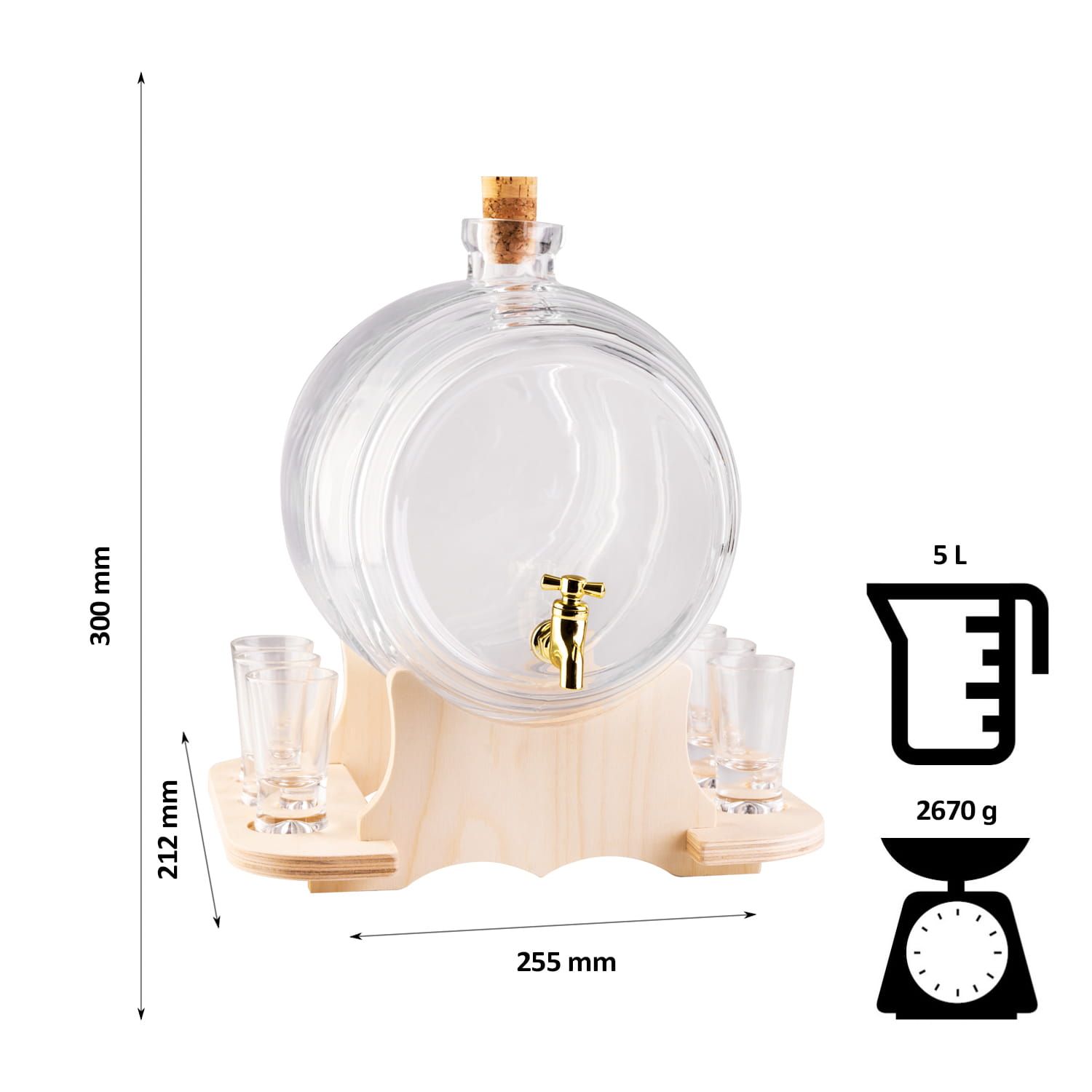 BECZKA szklana 5 L na bimber, whisky, alkohol + STOJAK + kieliszki