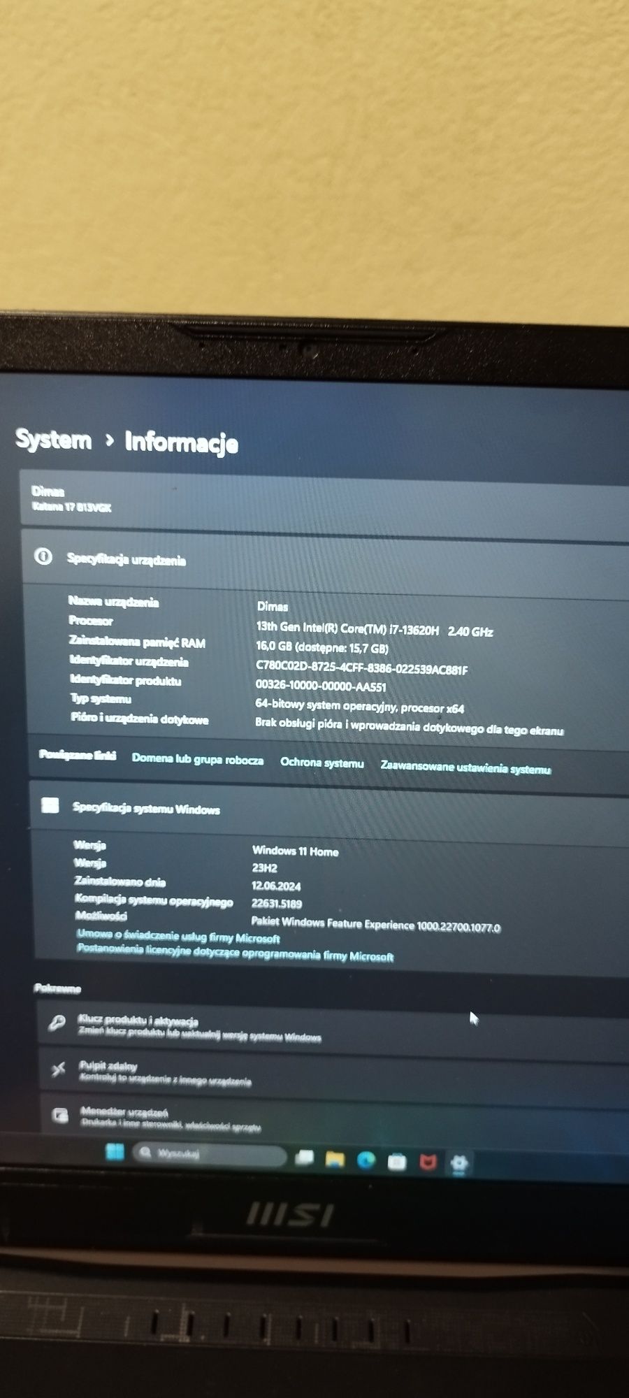 MSI Katana 17 B13VGK-856XPL 17,3" 144Hz i7-13620H 16GB RAM 1TB