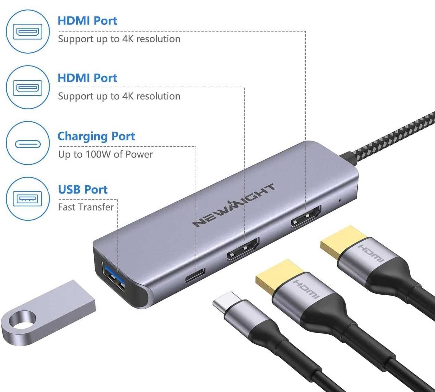 Adapter Hub Newmight USB-C 4 W 1 2x HDMI USB