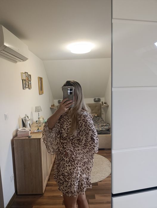 Sukienka zwiewna hiszpanka odkryte ramiona panterka xs s koktajlowa