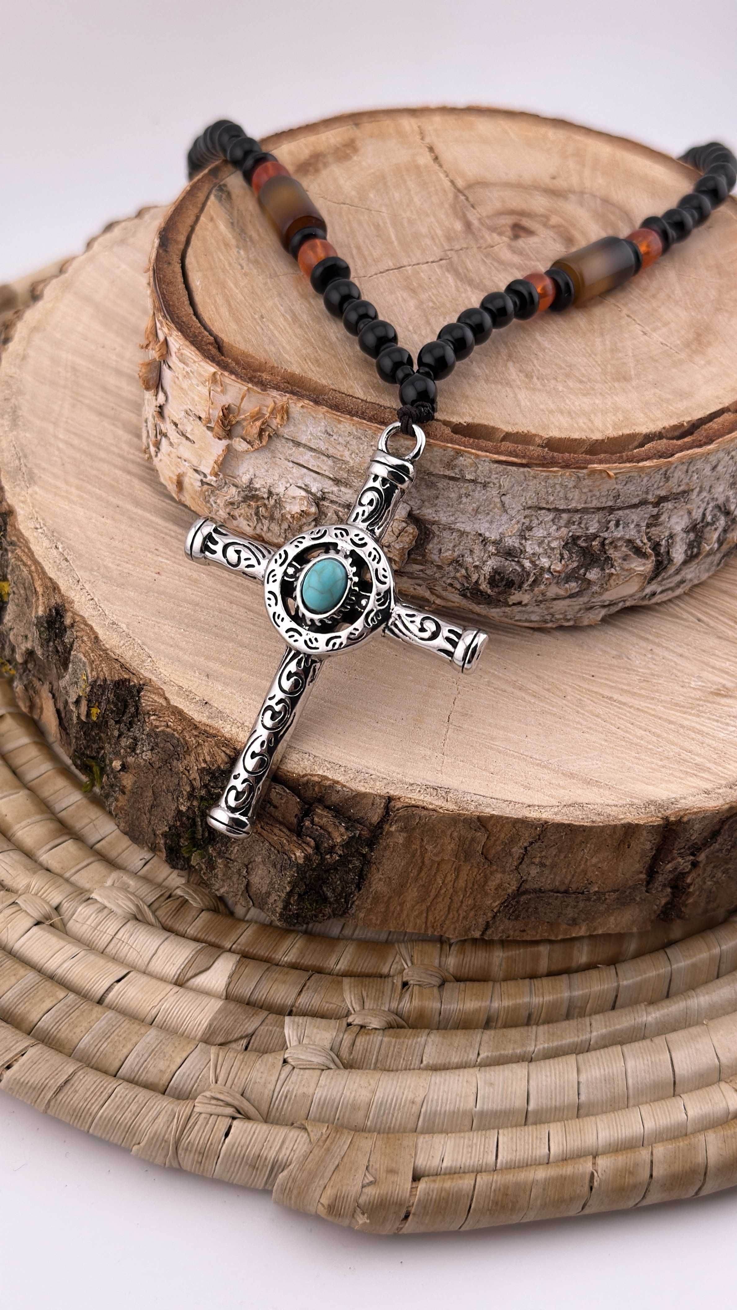 Naszyjnik różaniec koraliki modlitwa cross krzyż Gothic Agat turkus