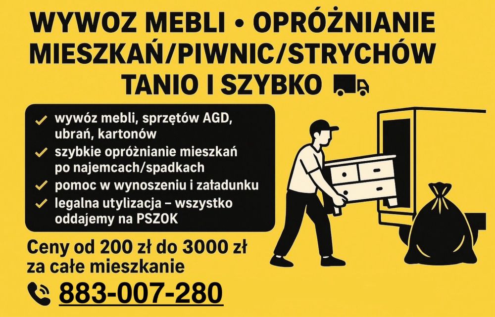 Opróżnianie mieszkań/strychów/piwnic/garaży, Utylizacja, Przeprowadzki