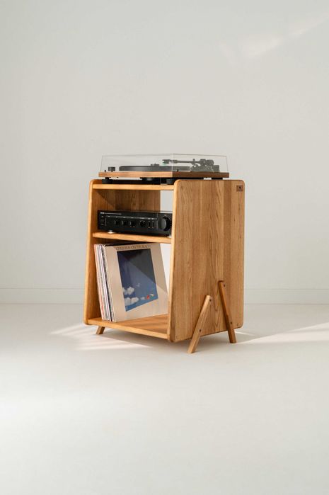 Szafka rtv na gramofon i płyty winylowe z drewna półka rtv stojak