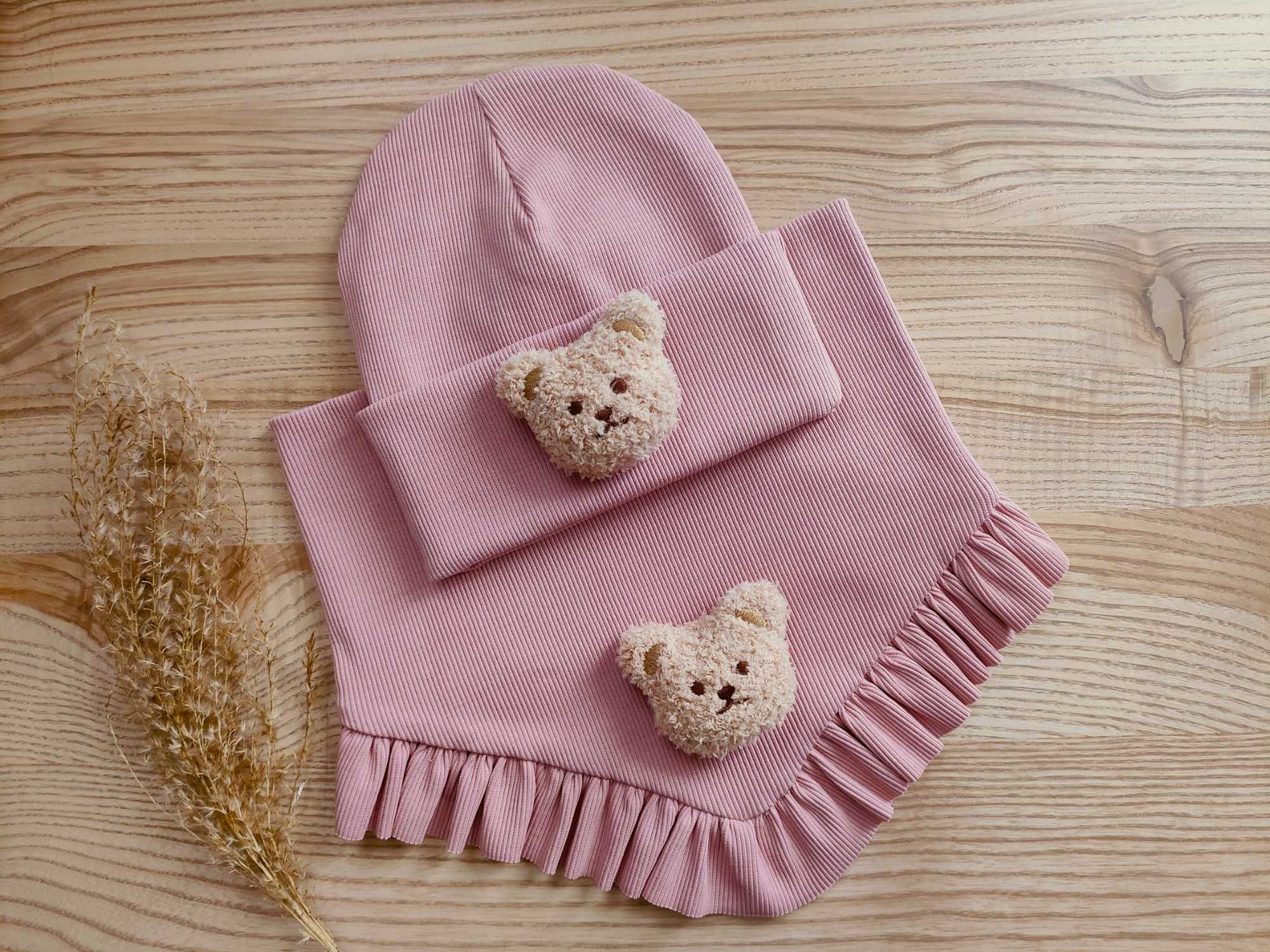 Komplet czapka i chusta, z misiem, Handmade