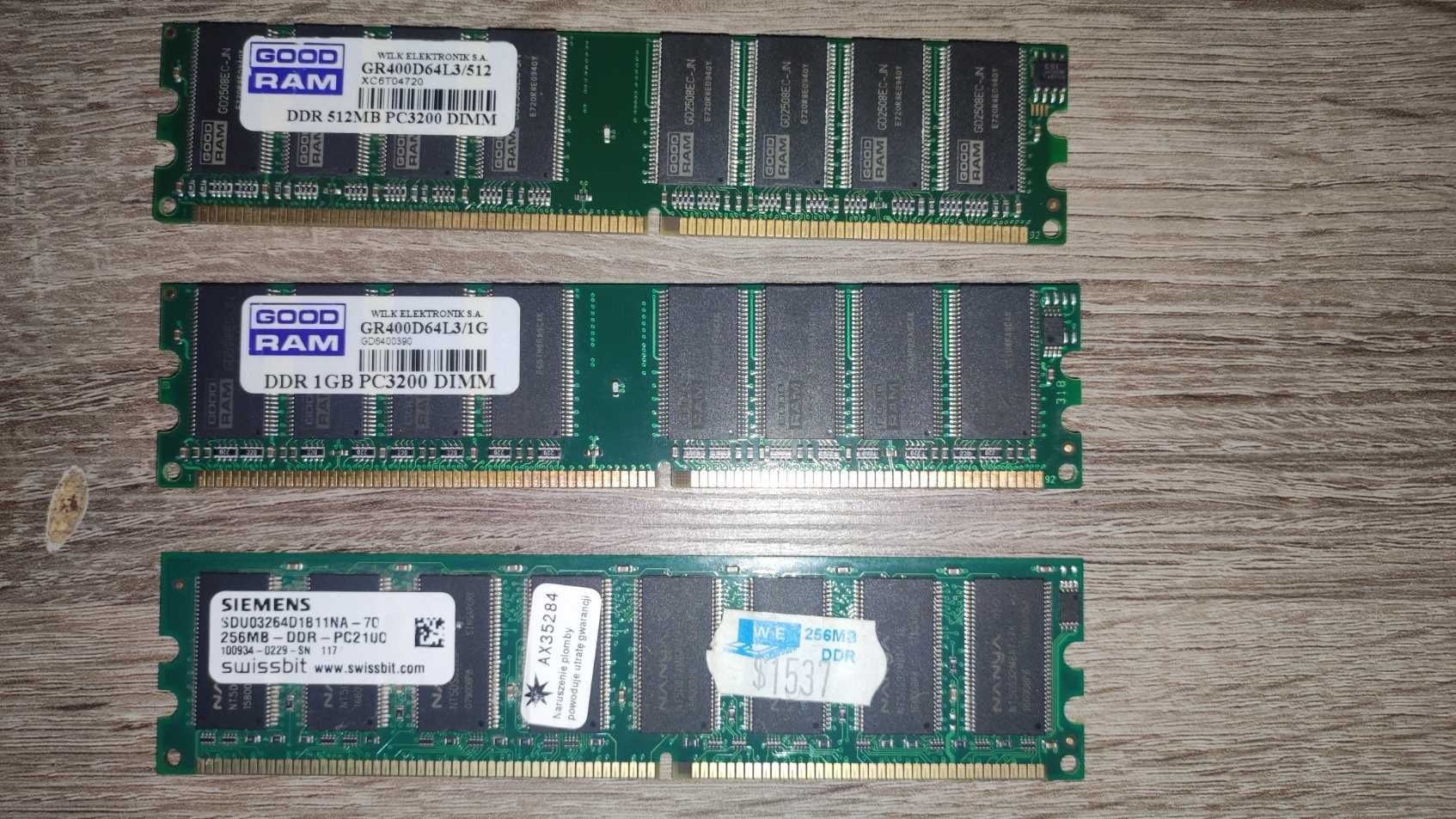 Pamięć RAM DDR 1 GB + 512 MB + 256 MB PC 3200 DIMM