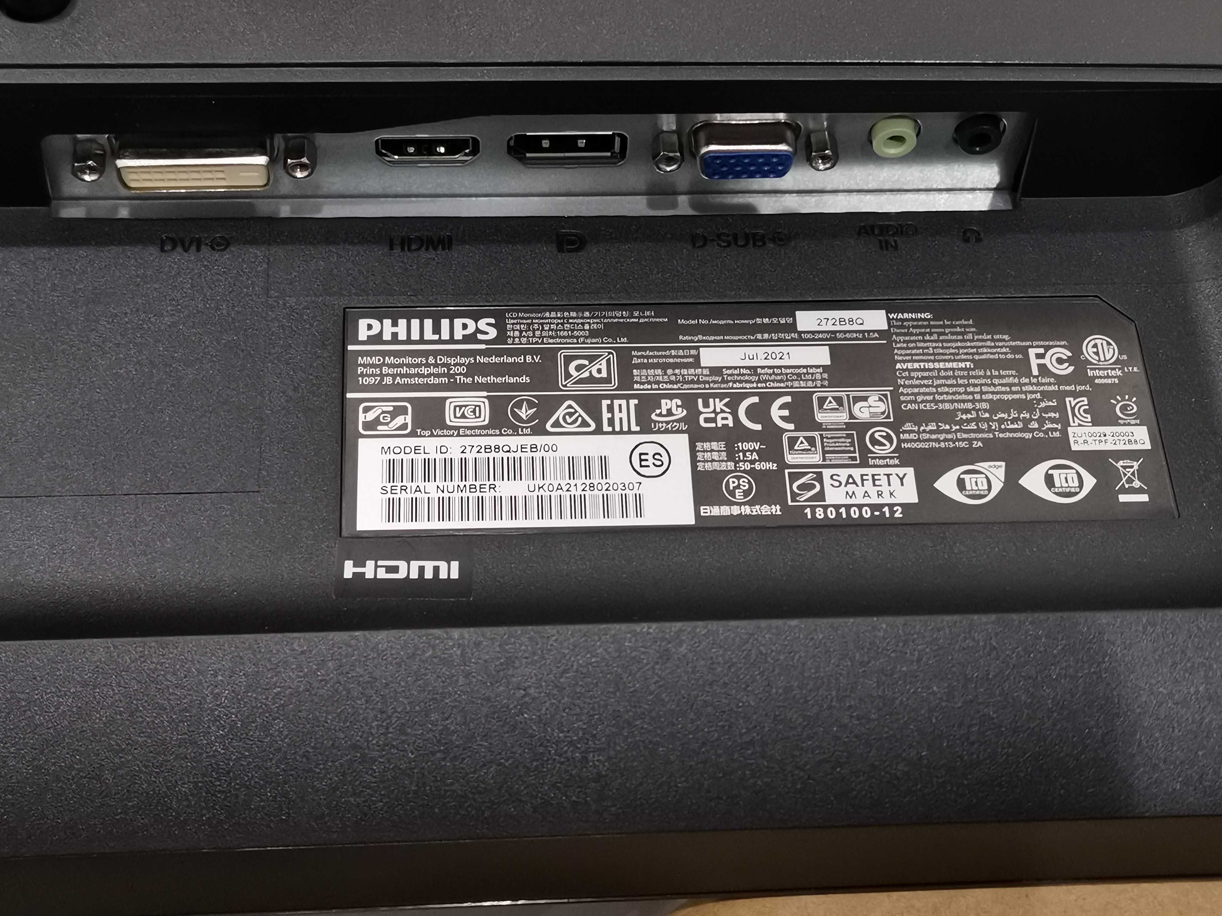 Monitor 27" PHILIPS 272B8Q LED IPS 2560x1440 2K HDMI DP DSUB Pivot