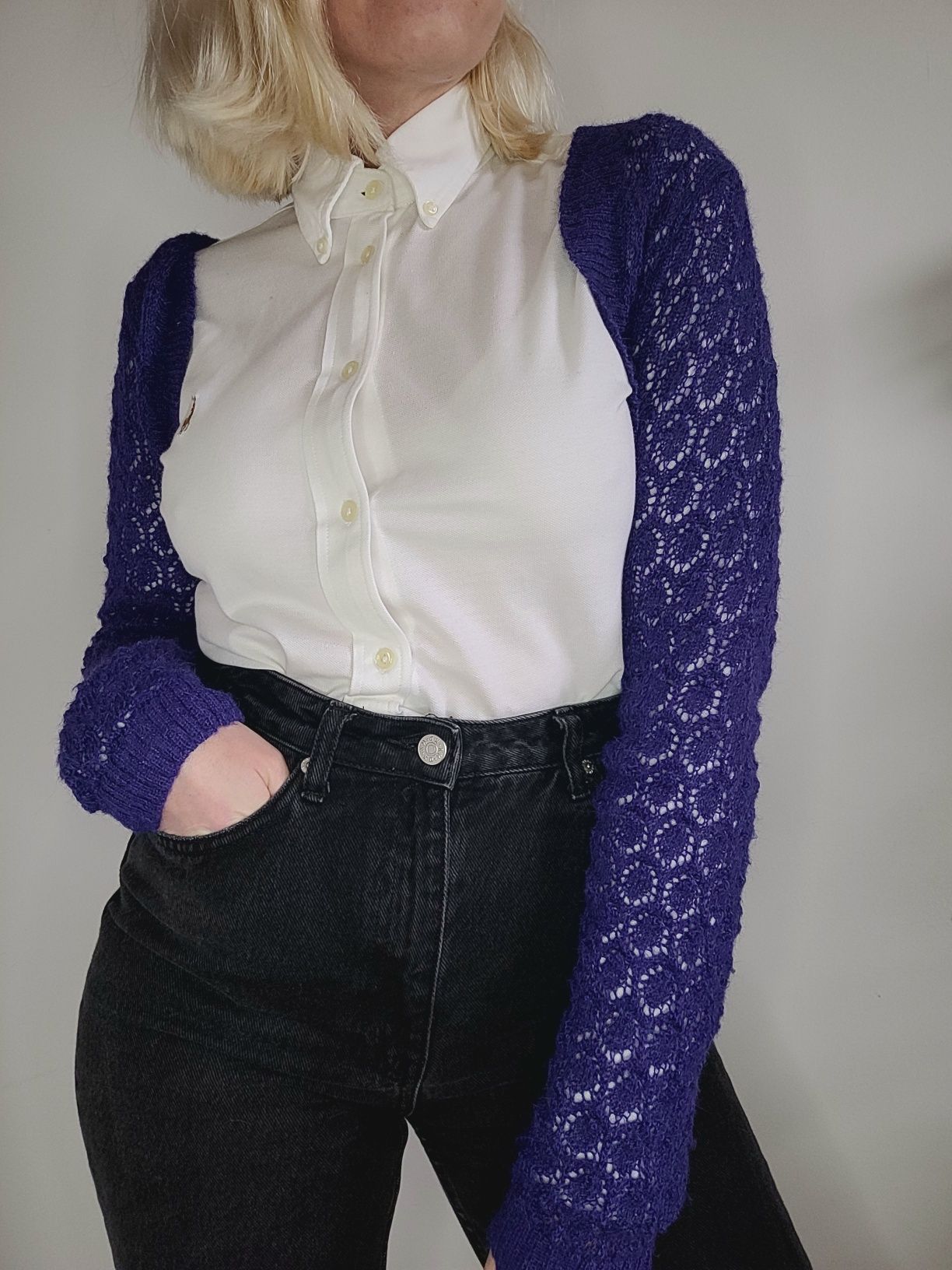 Ażurowy wełniany sweter crop top rękawki 100% alpaka vintage