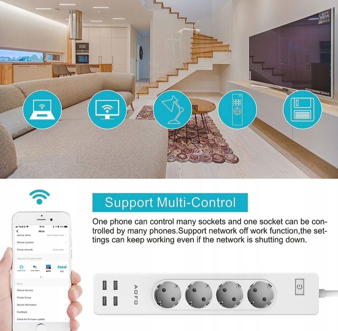 WIFI Smart Listwa Zasilajaca 4xUSB 4xGniazd C730 AOFO 8w1