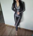 Szary długi błyszczący kombinezon z lycra spandex ala latex