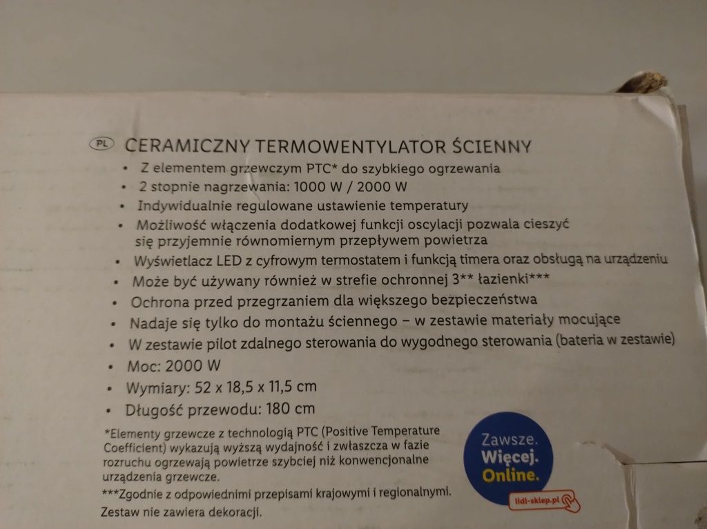 Ceramiczny termowentylator ścienny SilverCrest