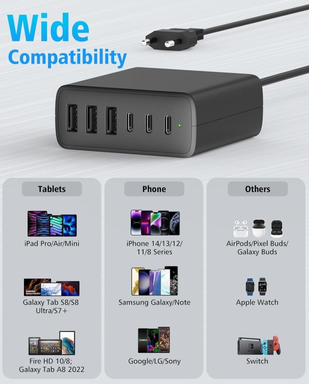 Ładowarka 100W USB C, 6 portów stacji ładującej USB C