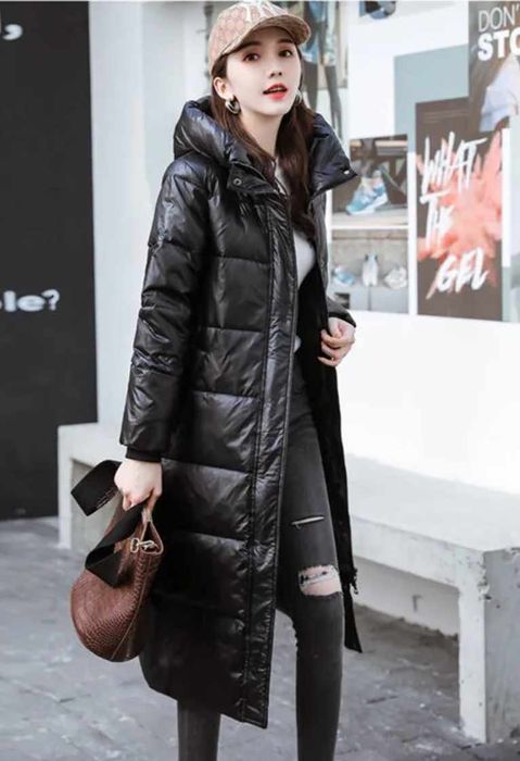 Długa pikowana kurtka z kapturem czarna wodoodporna XXL