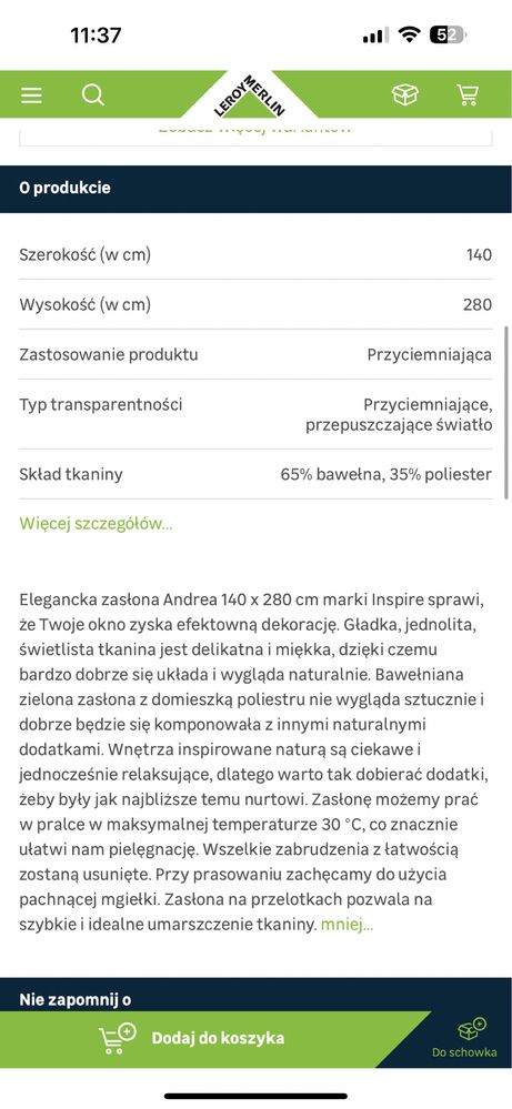 Zasłona zielona 140x280 cm