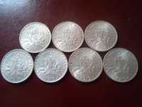 LOT monet 2 Franki Francja połysk menniczy Srebro - zestaw 7 sztuk Ag!
