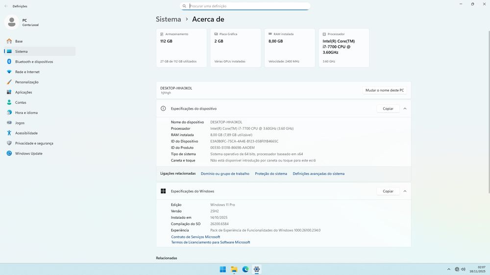 Computador I7 7700 3.6Ghz, 8 GB RAM, SSD Samsung 120GB