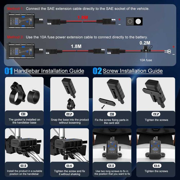 Ładowarka motocyklowa USB wodoodporny zasilacz 12V z woltomierzem