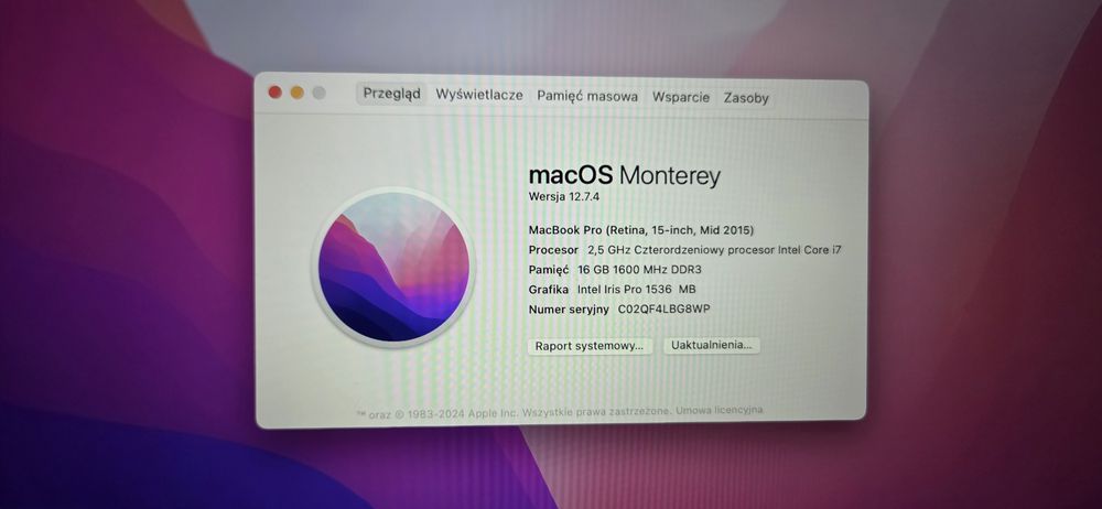 Laptop MacBook Pro Retina 15' i7 2,5 GHz 16GB Ram 500GB SSD Intel Iris