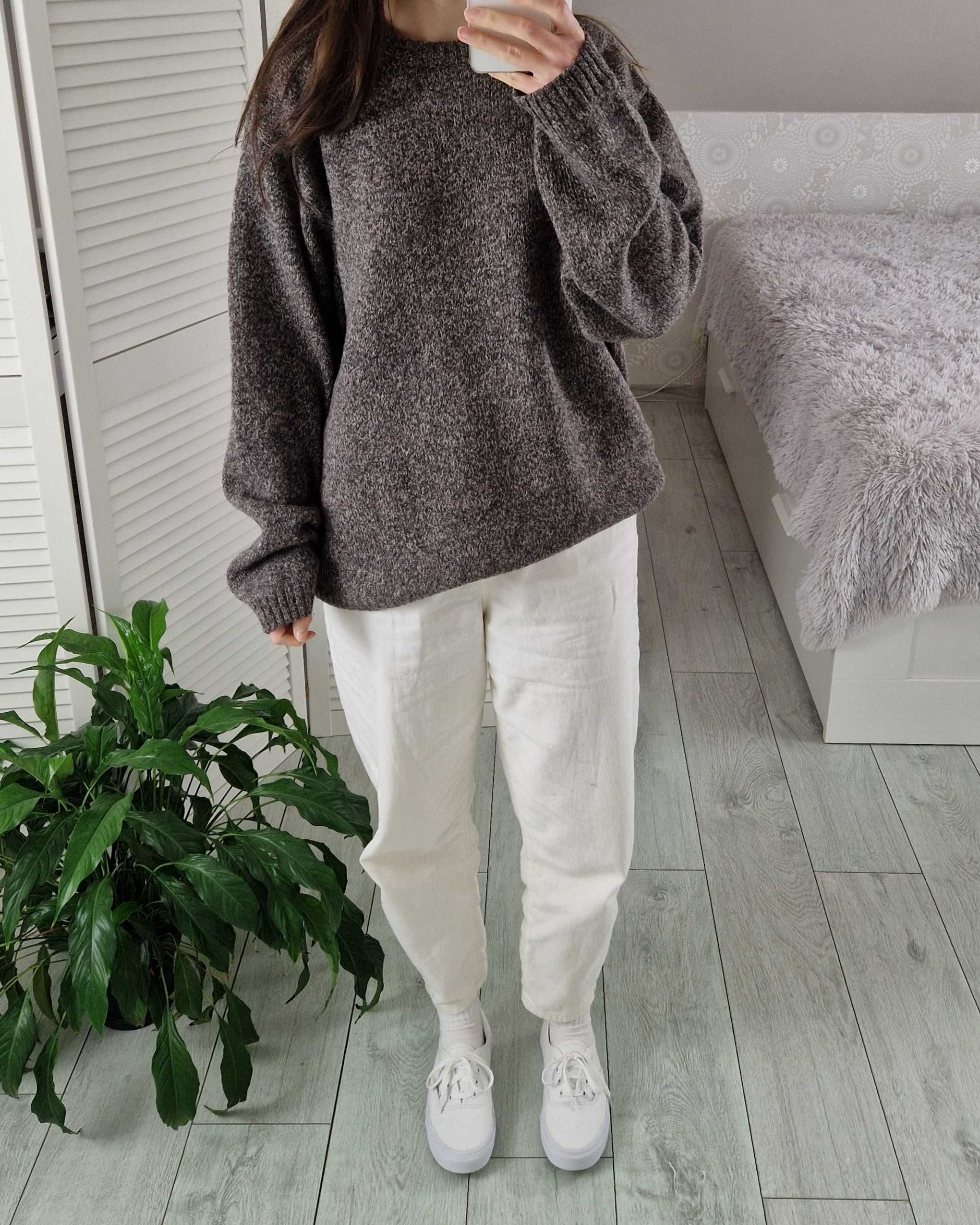 Sj-05 khaki brązowy wełniany sweter 80% lambswool wełna vintage XL