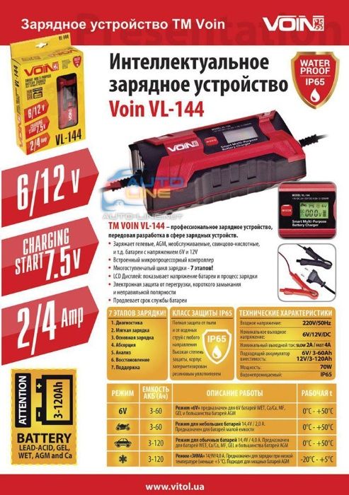 Зарядний пристрій Voin VL-144 (12 міс. гарантії) 6V-12V (3-120A/h)