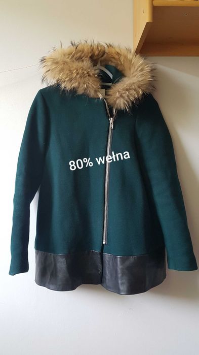 Sandro wełniany płaszcz futro jenot rozmiar M