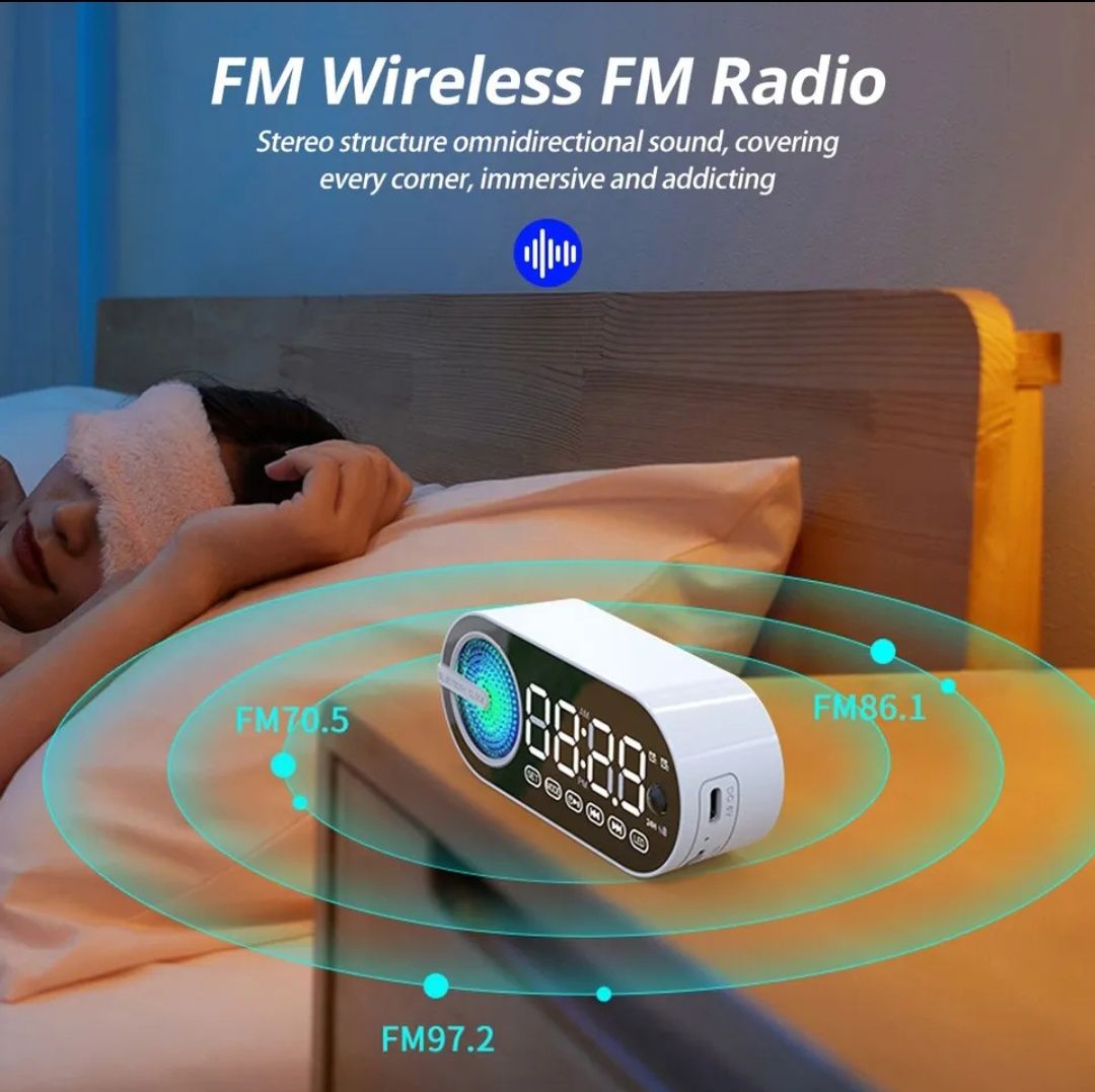 Głośnik Bluetooth zegar z budzikiem radio FM LED